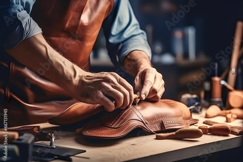 a male shoemaker is working with leather textiles photo