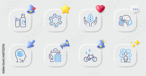 Milk, Fair trade and Sick man line icons. Buttons with 3d bell, chat speech, cursor. Pack of Anxiety, E-bike, Coronavirus icon. Difficult stress, Bio shopping pictogram. For web app, printing. Vector