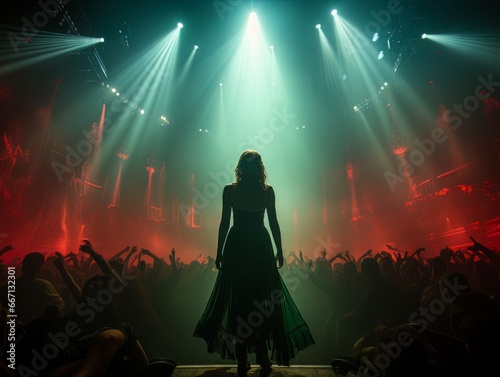 Fictional woman on stage in green and red spotlight with her back in frame AI photo