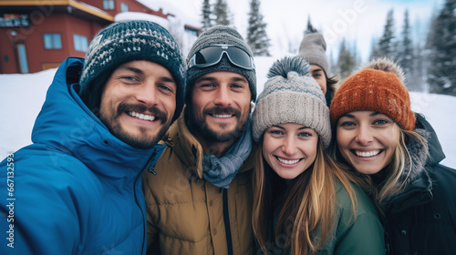 Group of happy people relaxing in the mountains at a resort