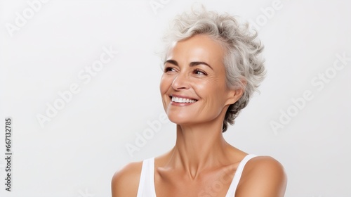 Beautiful mature Brazilian well-groomed woman on a light background with copyspace