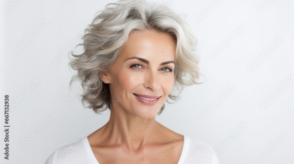 Beautiful mature well-groomed Spanish woman on a light background with copyspace