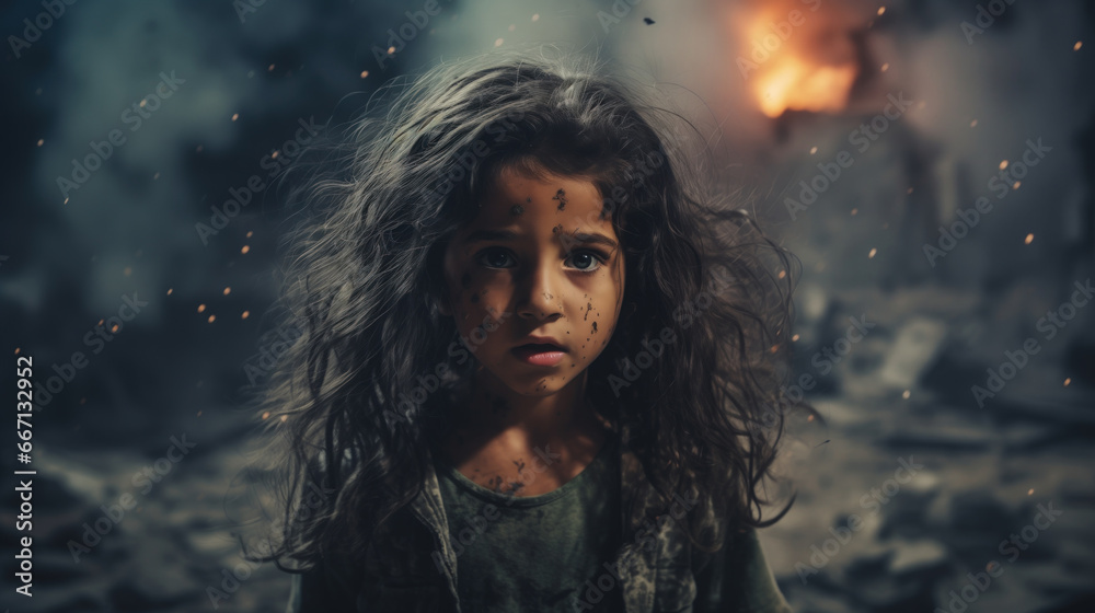 Young middle eastern girl in the middle of a war zone with her city on fire and buildings burning with debris, terrified and in silent shock at the devastation and suffering military conflict brings.