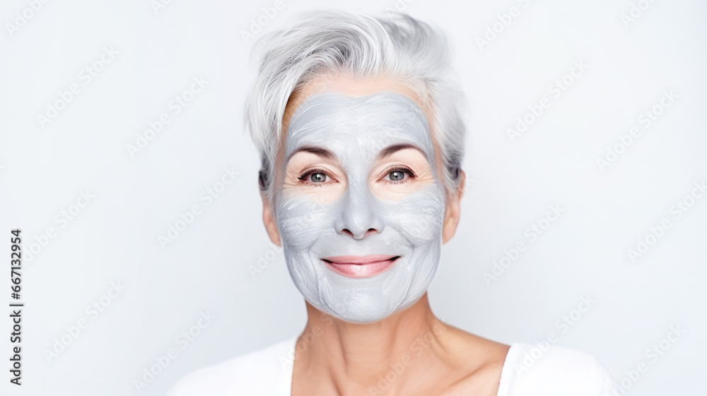 Mature positive woman with gray hair with a cosmetic mask on her face on a light background Mature positive woman with gray hair with a cosmetic mask on her face on a light background