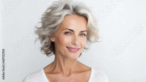 Beautiful mature well-groomed Spanish woman on a light background with copyspace