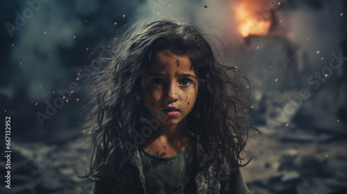 Young middle eastern girl in the middle of a war zone with her city on fire and buildings burning with debris, terrified and in silent shock at the devastation and suffering military conflict brings.