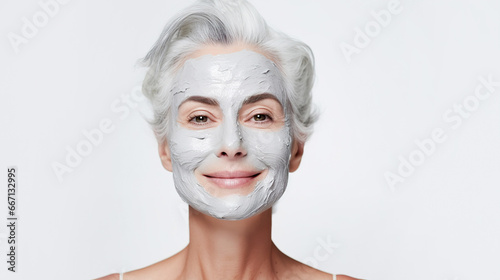 Mature positive woman with gray hair with a cosmetic mask on her face on a light background