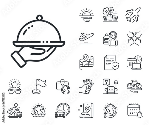 Dinner sign. Plane jet, travel map and baggage claim outline icons. Restaurant food line icon. Hotel room service symbol. Restaurant food line sign. Car rental, taxi transport icon. Vector