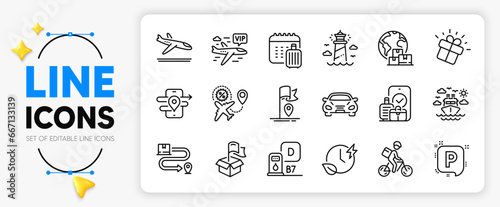 Carry-on baggage, Gps and Delivery service line icons set for app include Car, Lighthouse, Charging time outline thin icon. Ship travel, Gift, Flag pictogram icon. Flight sale. Vector