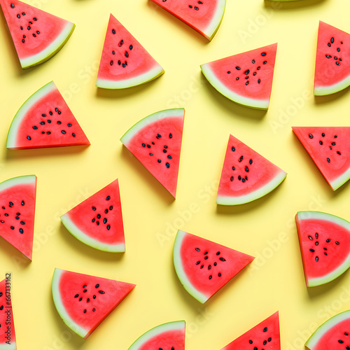 Minimal composition of summer and fruits on a yellow background. Slices of fresh watermelon as refreshment