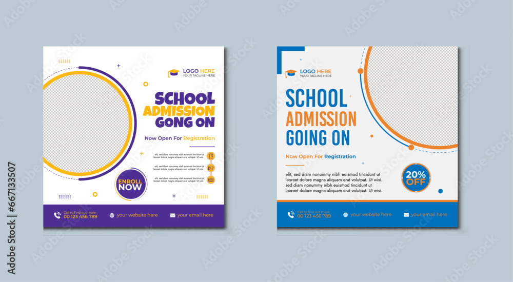 Fototapeta premium School admission social media post banner design. back to school social media post banner design set. Back to school admission promotion banner. school admission template for social media ad.