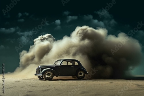 silhouette of vehicle on sand with cloud of fumes. Generative AI © Matej