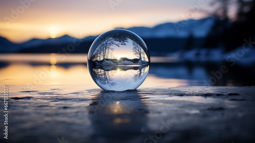 A New Year s ball reflecting in a calm  serene body of water  bringing tranquility to the scene.