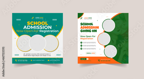 School admission social media post banner design. back to school social media post banner design set. Back to school admission promotion banner. school admission template for social media ad.
