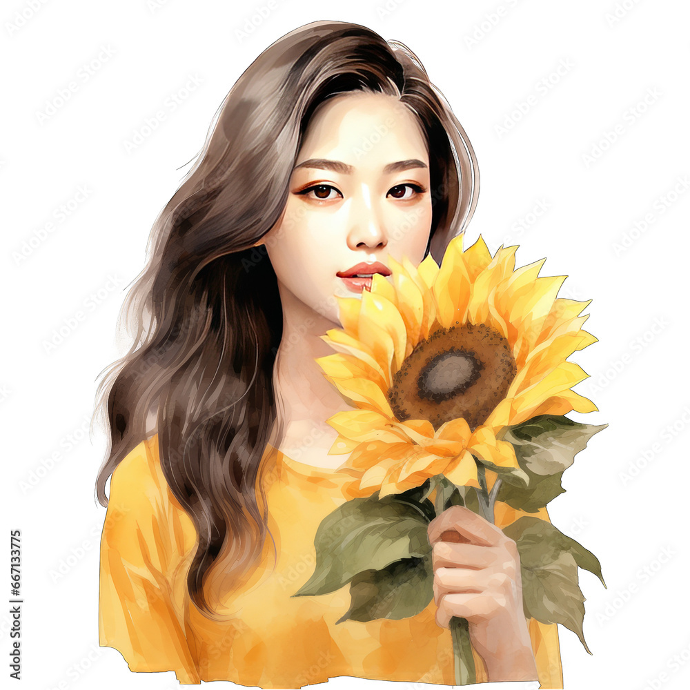 Young asian woman with sunflower, yellow color tones, watercolor isolated Young asian woman with sunflower, yellow color tones, watercolor isolated