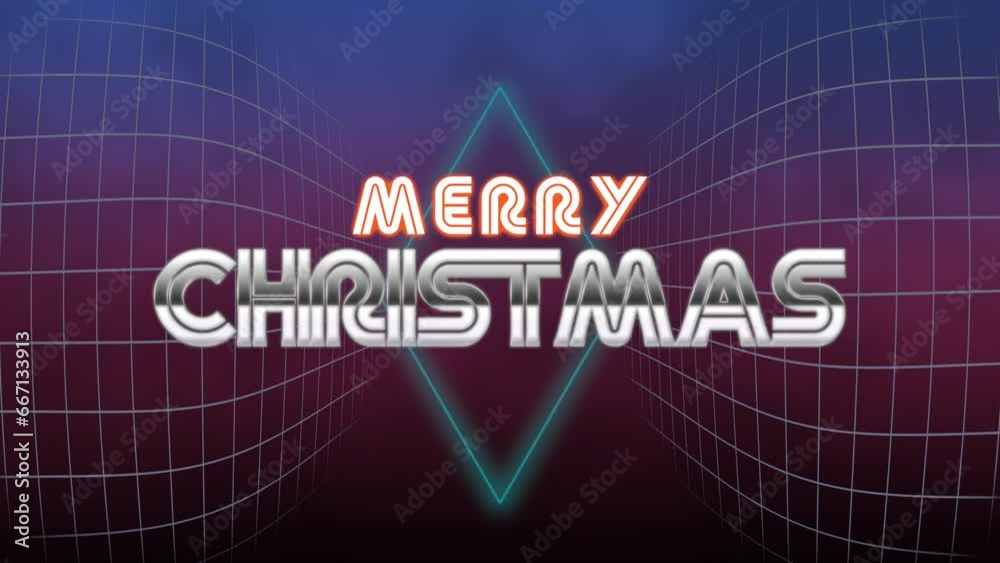 Merry Christmas text with diamond and grid in dark galaxy, motion abstract retro, holidays and winter style background