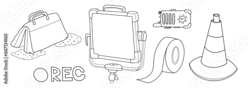 artistic doodle line art illustration set of filmmaking elements