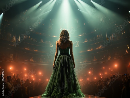 Fictional woman on stage in green and orange spotlight with her back in frame AI