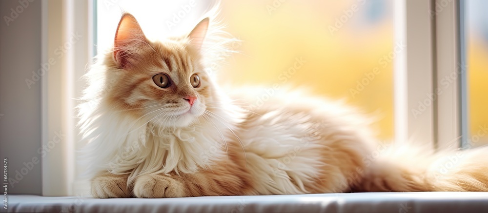 A young yellow eyed cat lies on a windowsill gazing at the camera