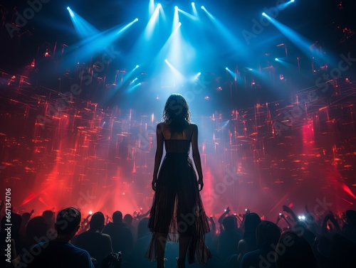 Fictional woman on stage in blue and red spotlight with her back in frame AI © Vitalii But