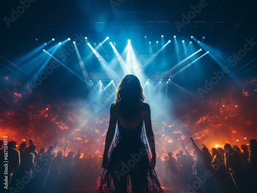 Fictional woman on stage in blue and red spotlight with her back in frame AI