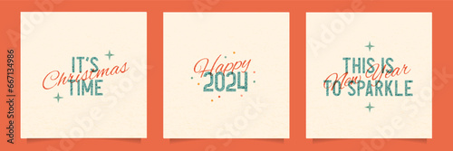 Pastel color Christmas and New Year greeting cards set in trendy riso graph print texture style. Merry risograph Christmas and happy new year modern background for design, covers. Vector illustrator.