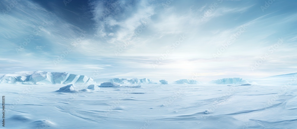 Arctic winter landscape with large glaciers frozen sea and blizzards Artificial Intelligence Rendering - obrazy, fototapety, plakaty 