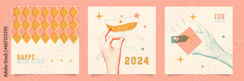 Set of retro posters in a trendy risograph print style. Happy New Year creative greeting cards with halftone hands holding glass of champagne and gift box. Vector vintage print illustration