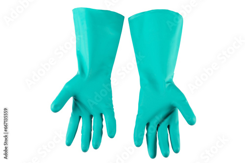 Thick sanitary gloves on a white background.