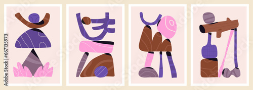 Set of flat vector illustrations with naive, organic forms. Colorful, abstract compositions. Balancing games with simple, natural shapes. Doodles in purple, pink and brown.