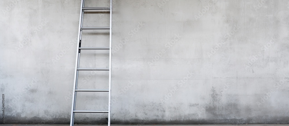 An aluminum ladder for technicians mechanics and craftsmen is hung on the cement building wall