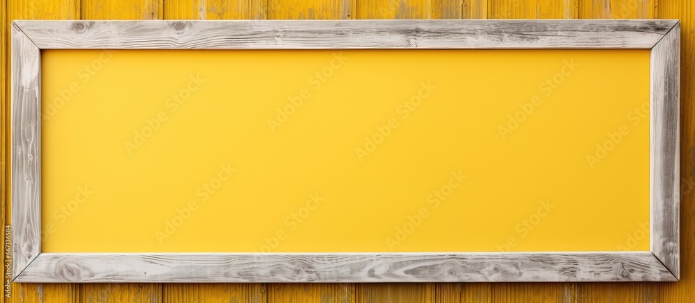 Blank mockup template of a rustic wooden picture frame hanging on a yellow wall Blank mockup template of a rustic wooden picture frame hanging on a yellow wall