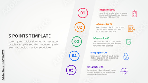 5 points stage template infographic concept for slide presentation with tilt sideways content vertical with 5 point list with flat style