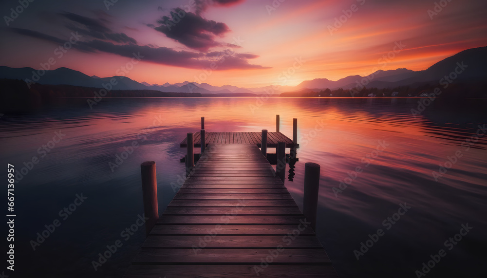 Serene Sunset Over a Calm Lake: Wooden Pier Leading to Majestic Mountain Views and Vibrant Hues Reflecting on Still Waters