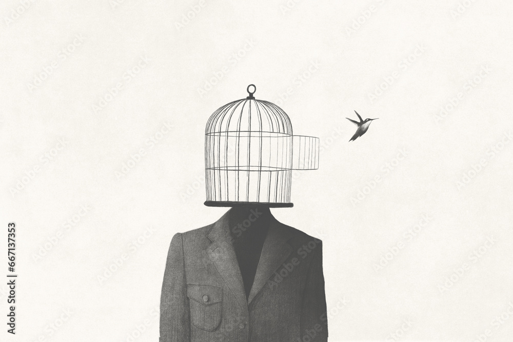 illustration of man with open birdcage over his head, surreal freedom concept - obrazy, fototapety, plakaty 