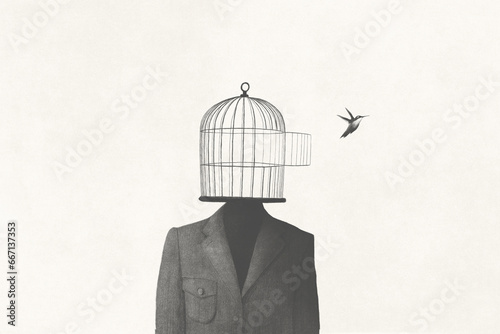 illustration of man with open birdcage over his head, surreal freedom concept photo