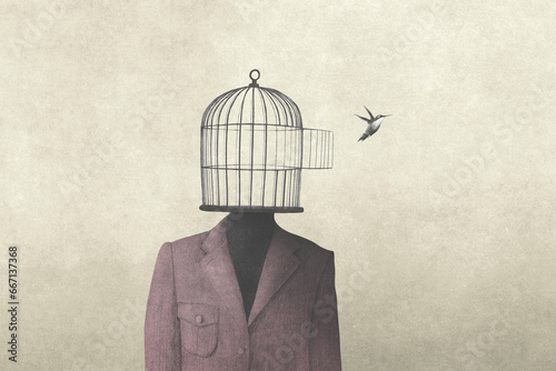 Bild auf Leinwand illustration of man with open birdcage over his head, surreal freedom concept