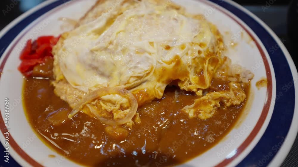 Curry rice with egg. Japanese traditional food. Japanese curry rice on a plate. Japanese omurice with curry sauce Curry rice with egg. Japanese traditional food. Japanese curry rice on a plate. Japanese omurice with curry sauce