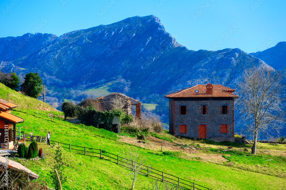 Rural building architecture in a valley, Cofino, Asturias, Spain