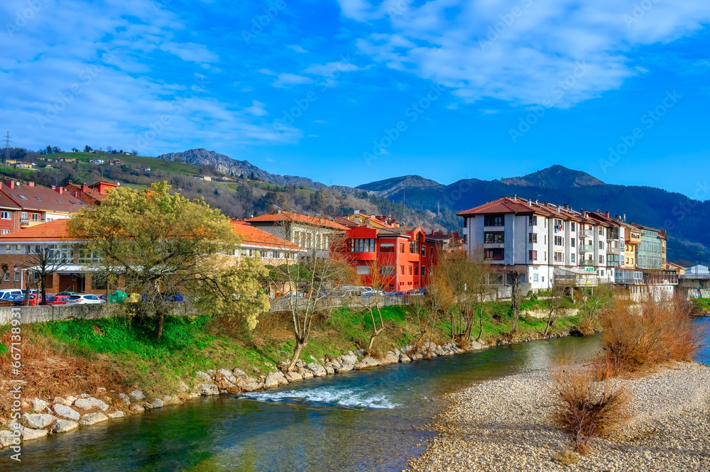 Cityscape of Arriondas city and the Sella River, Asturias, Spain