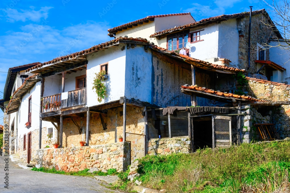 Colonial old building architecture in Cofino village, Asturias, Spain