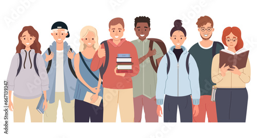 Fototapeta Naklejka Na Ścianę i Meble -  Diverse college student group with backpacks and books standing together. Young people classmates in casual clothes.
