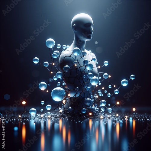 A background image of a digital lifeform surrounded by glossy blue orbs