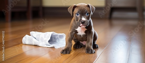 American Pit Bull Terrier puppy training and discipline on floor with absorbent diaper photo