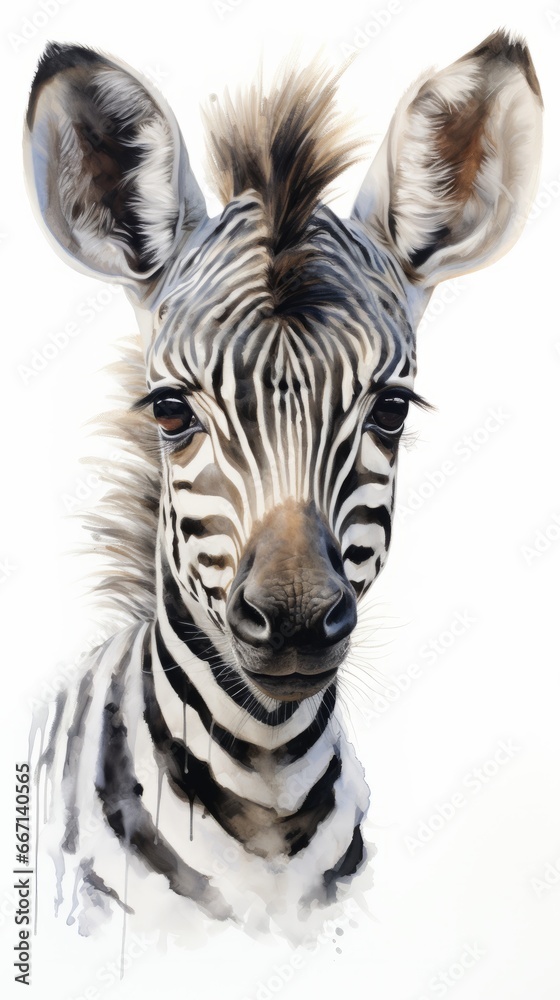 Fototapeta premium Adorable pastel illustration: Baby zebra portrait for a kids room, clean design on white backdrop.
