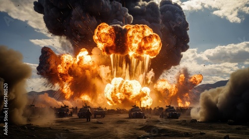 Tests of modern weapons, explosions on the battlefield photo