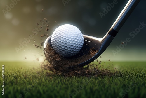 Close up of golf club hitting ball, photography