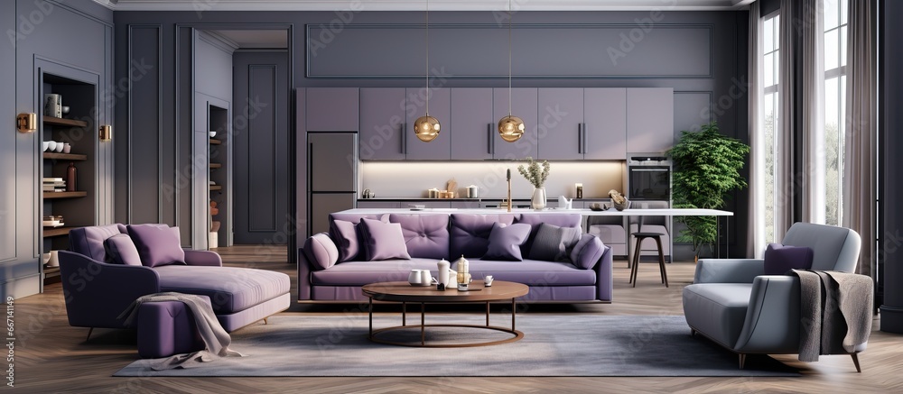 Minimal living room in gray and purple tones kitchen with island and stools parquet furniture fireplace carpet windows with curtains Modern design ing - obrazy, fototapety, plakaty 
