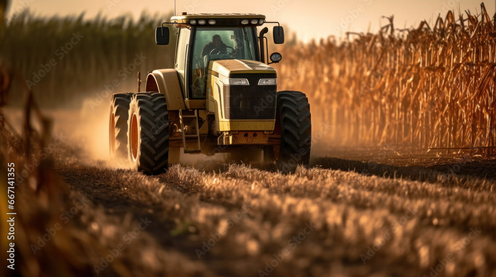 Fototapeta premium a big tractor in corn field.