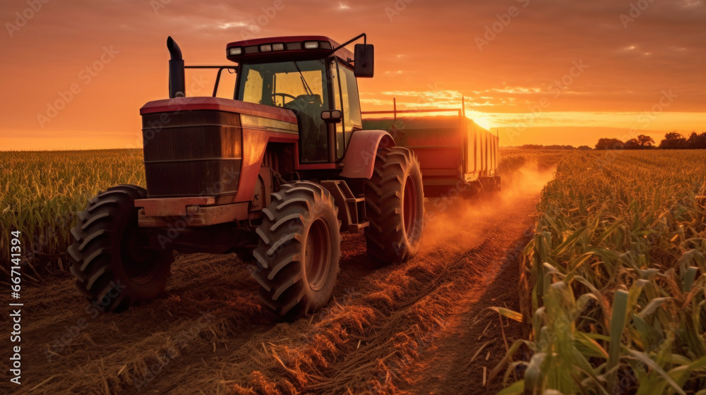 Fototapeta premium a big tractor in corn field.